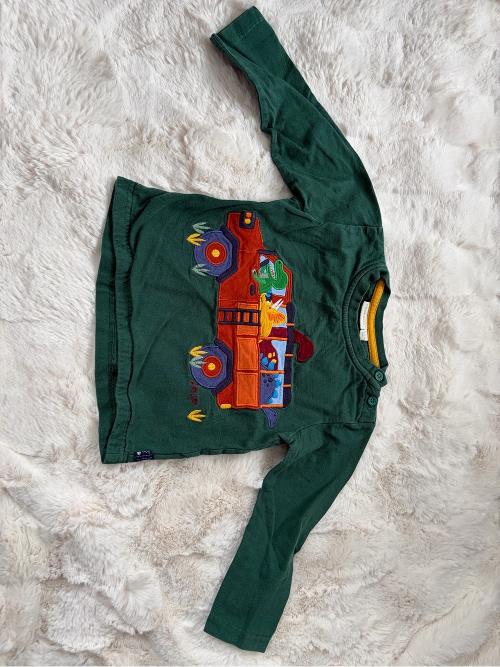 JoJo Maman Bebe Dark Green Long-Sleeve Top with Dinosaur Bus